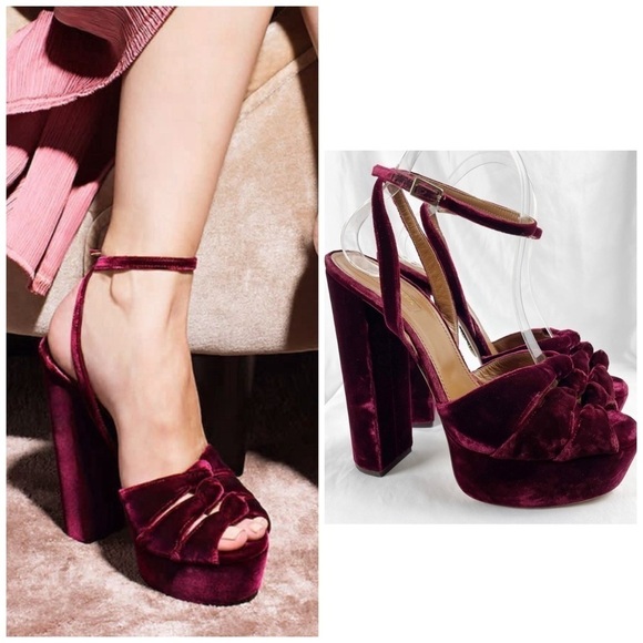 Aquazzura Mira Velvet Platform Open Toe Sandal Heels Burgundy Red EU 40 Cocktail - Picture 1 of 9